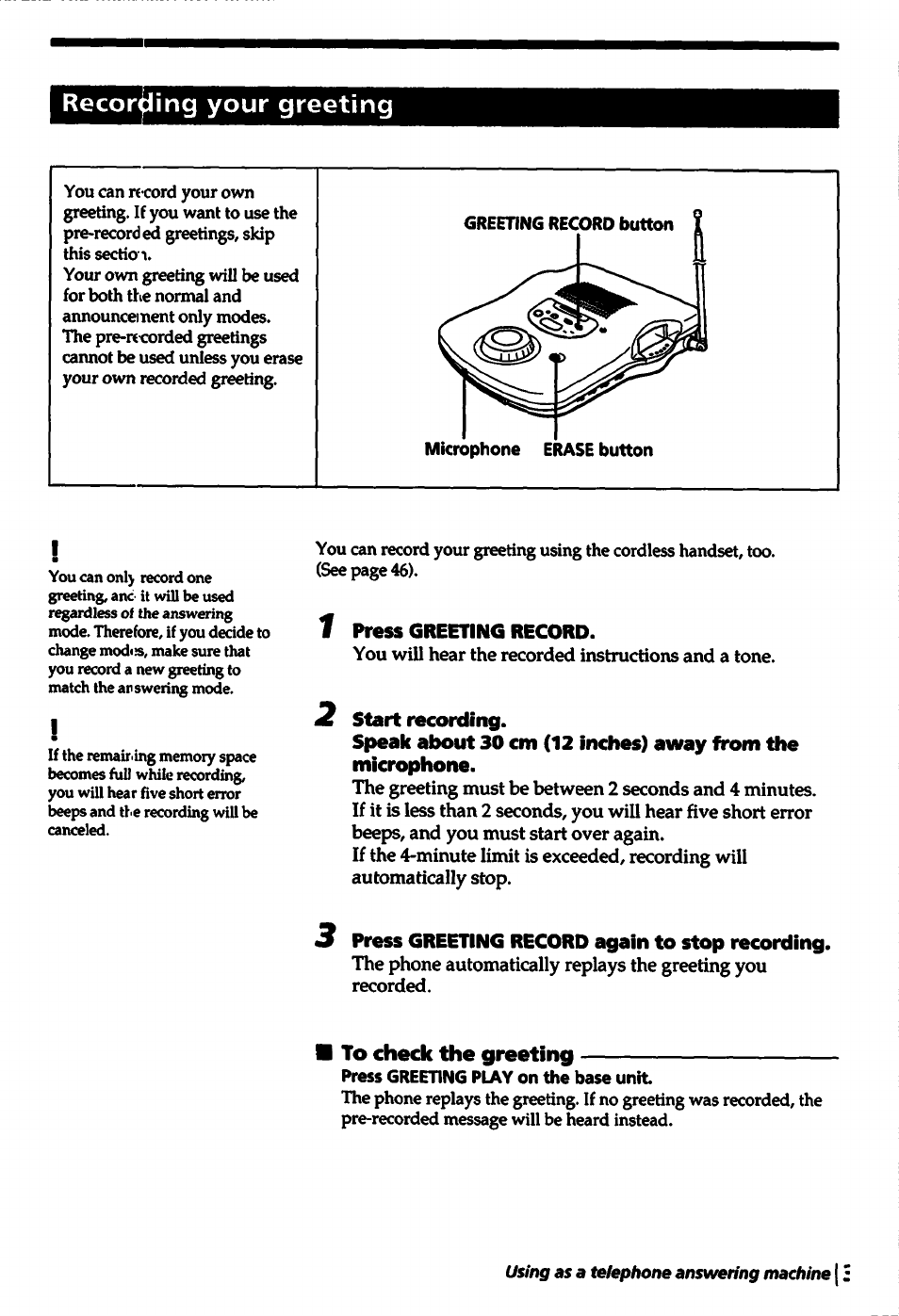 Recording your greeting, T press greeting record, Start recording | 3 press greeting record again to stop recording, To check the greeting | Sony SPP-A5000 User Manual | Page 35 / 108