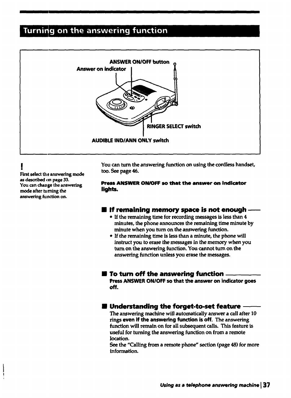 Turning on the answering function, Lights | Sony SPP-A5000 User Manual | Page 37 / 108