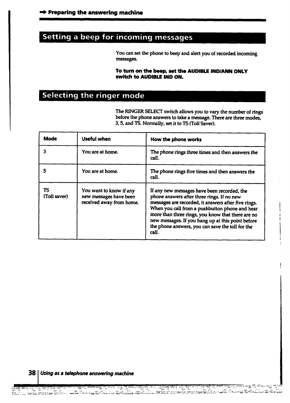 Setting a beep for incoming messages, Selecting the ringer mode | Sony SPP-A5000 User Manual | Page 38 / 108