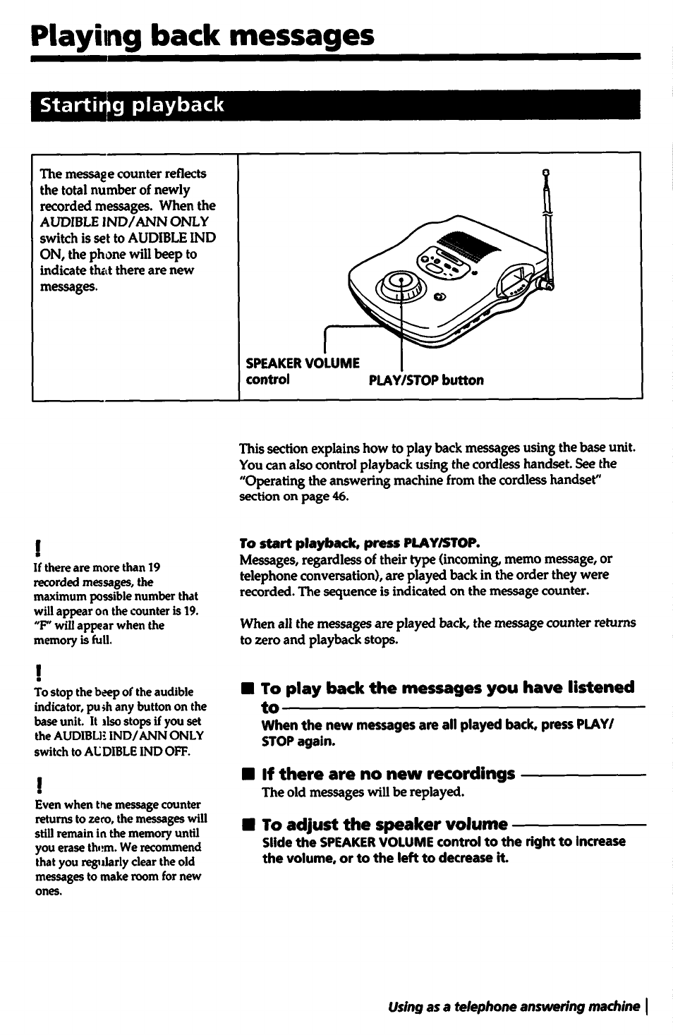 Starting playback, Speaker volume control, To start playback, press play/stop | To play back the messages you have listened to, If there are no new recordings, To adjust the speaker volume, Playing back messages | Sony SPP-A5000 User Manual | Page 39 / 108