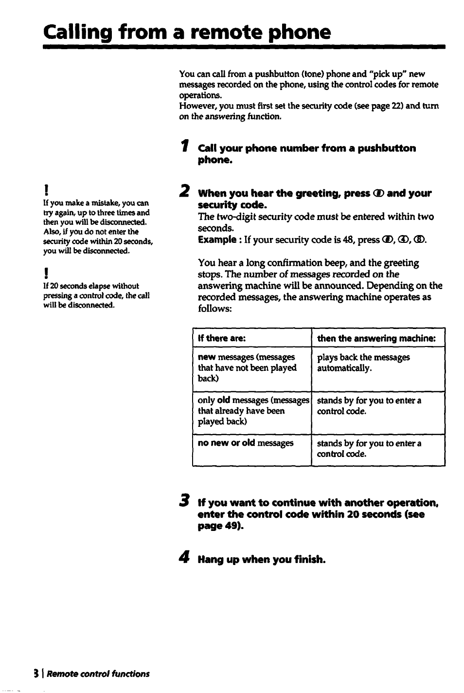 1 call your phone number from a pushbutton phone, 4 hang up when you finish, Calling from a remote phone | Sony SPP-A5000 User Manual | Page 48 / 108