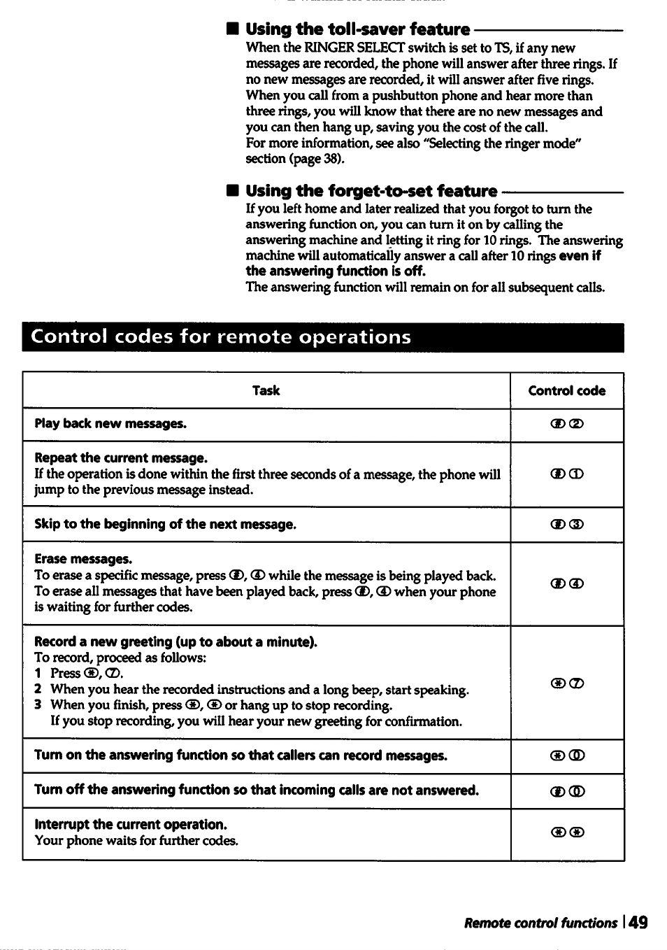 Control codes for remote operations | Sony SPP-A5000 User Manual | Page 49 / 108