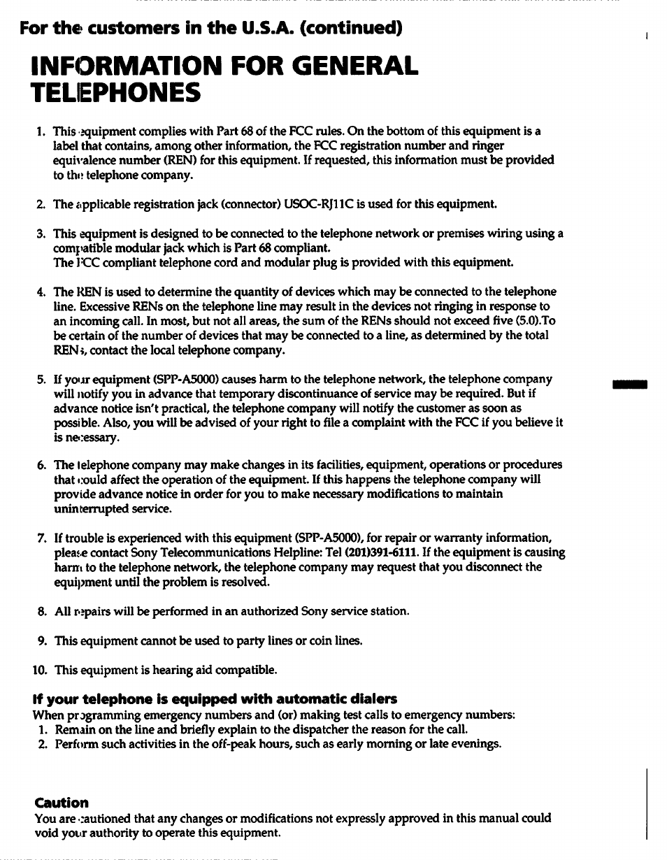 Caution, Information for general telephones, For the customers in the u.s.a. (continued) | Sony SPP-A5000 User Manual | Page 5 / 108