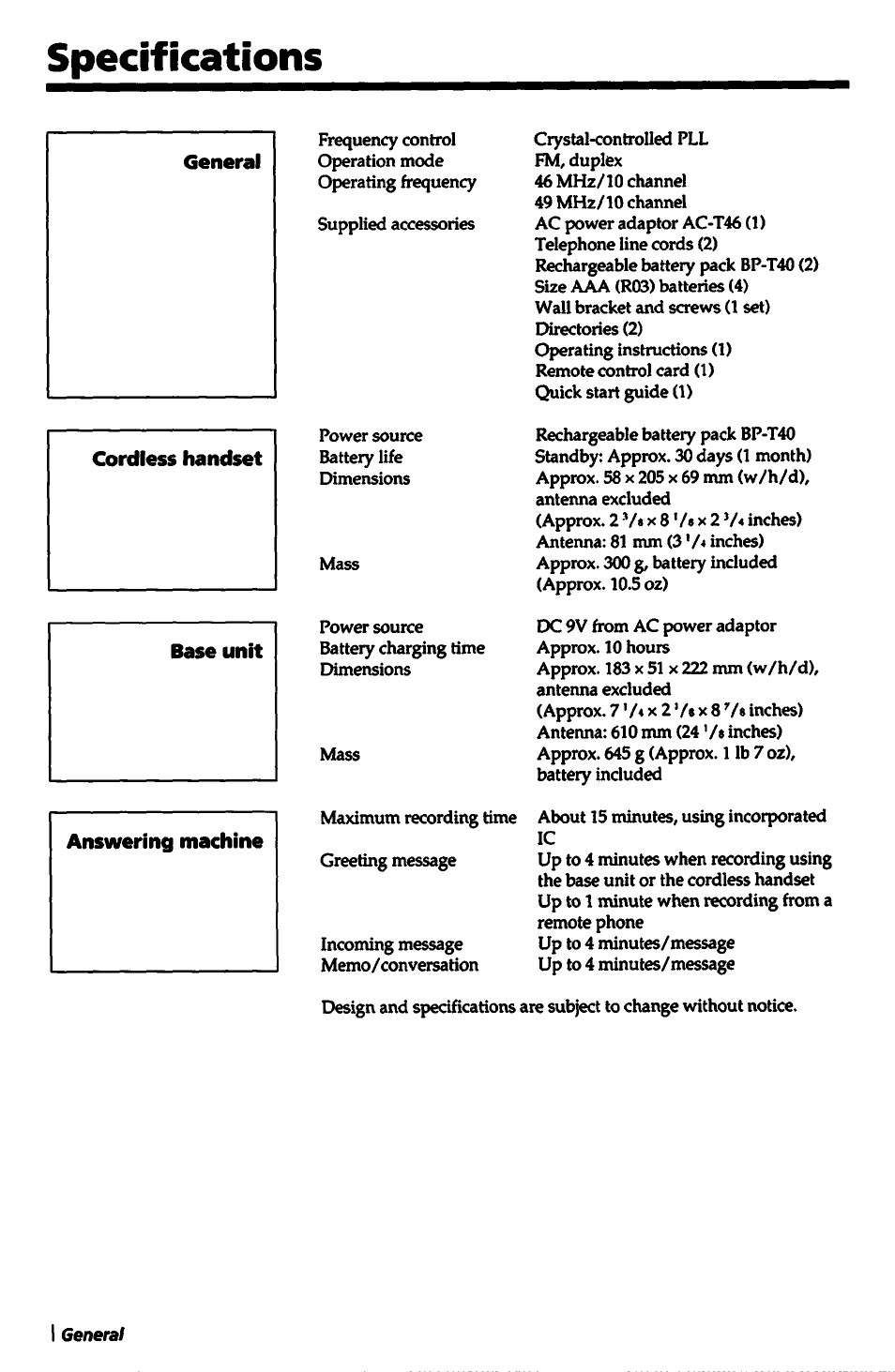 Answering machine, Specifications | Sony SPP-A5000 User Manual | Page 54 / 108