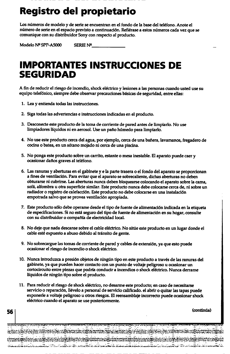 Registro del propietario, Importantes instrucciones de seguridad | Sony SPP-A5000 User Manual | Page 56 / 108