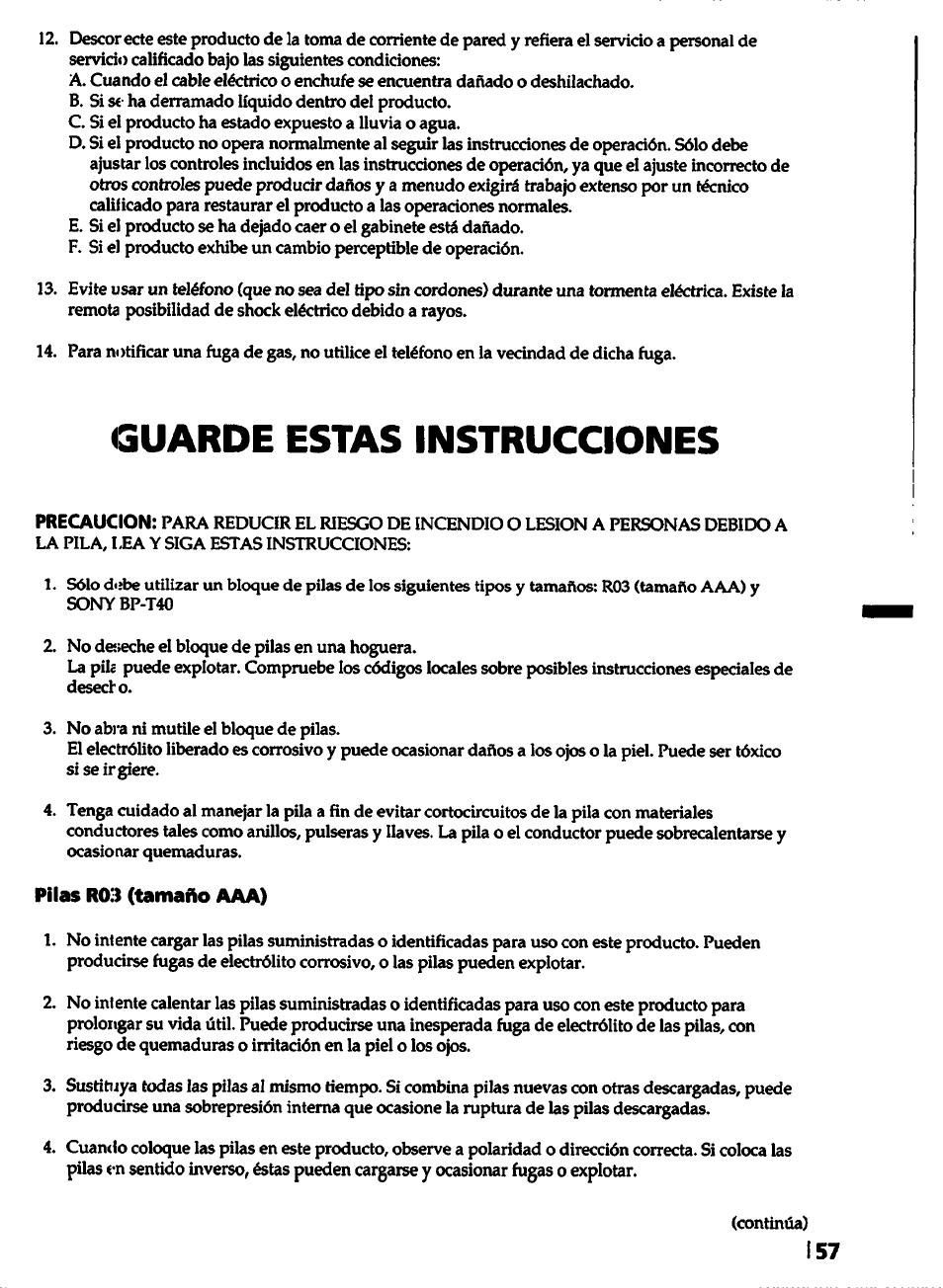 Pilas r03 (tamaño aaa), Guarde estas instrucciones | Sony SPP-A5000 User Manual | Page 57 / 108