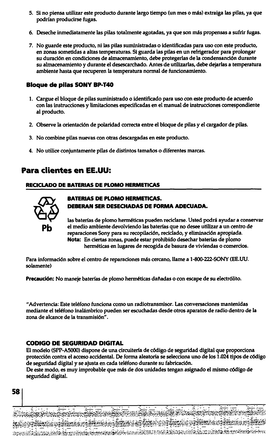 Bloque de pilas sony bp-t40, Codigo de seguridad digital, Para clientes en ee.uu | Sony SPP-A5000 User Manual | Page 58 / 108