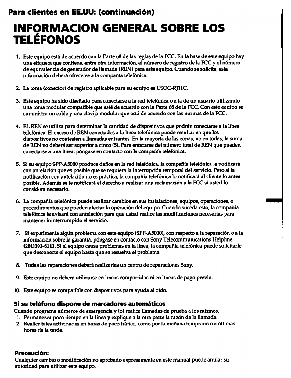 Si su teléfono dispone de marcadores automáticos, Precaución, Informacion general sobre los teléfonos | Para clicmtes en ee.uu: (continuación) | Sony SPP-A5000 User Manual | Page 59 / 108