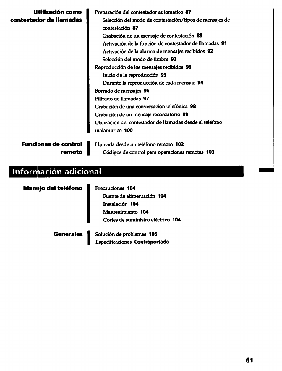 Utilización como contestaclor de llamadas, Funciones de control remoto, Información adicional | Mamsjo dei teléfono | Sony SPP-A5000 User Manual | Page 61 / 108