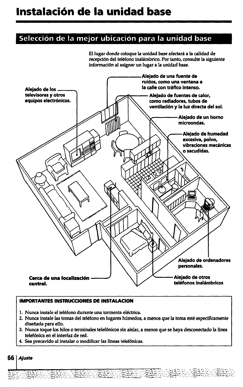 Importantes instrucciones de instalacion, Instalación de la unidad base | Sony SPP-A5000 User Manual | Page 66 / 108