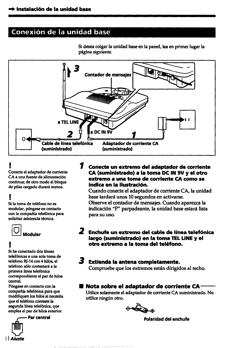 Conexión de la unidad base, Modular, 3 extienda la antena completamente | Nota sobre el adaptador de corriente ca, Polaridad del enchufe | Sony SPP-A5000 User Manual | Page 68 / 108