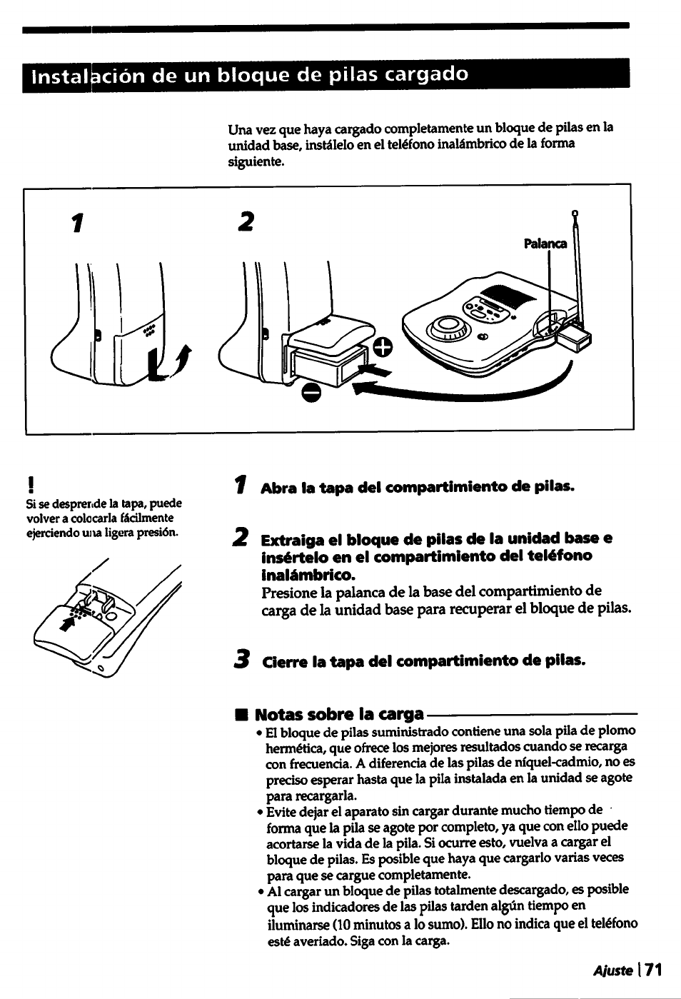 Instalación de un bloque de pilas cargado, 1 abra la tapa del compartimiento de pilas, 3 cierre la tapa del compartimiento de pilas | Notas sobre la carga | Sony SPP-A5000 User Manual | Page 71 / 108