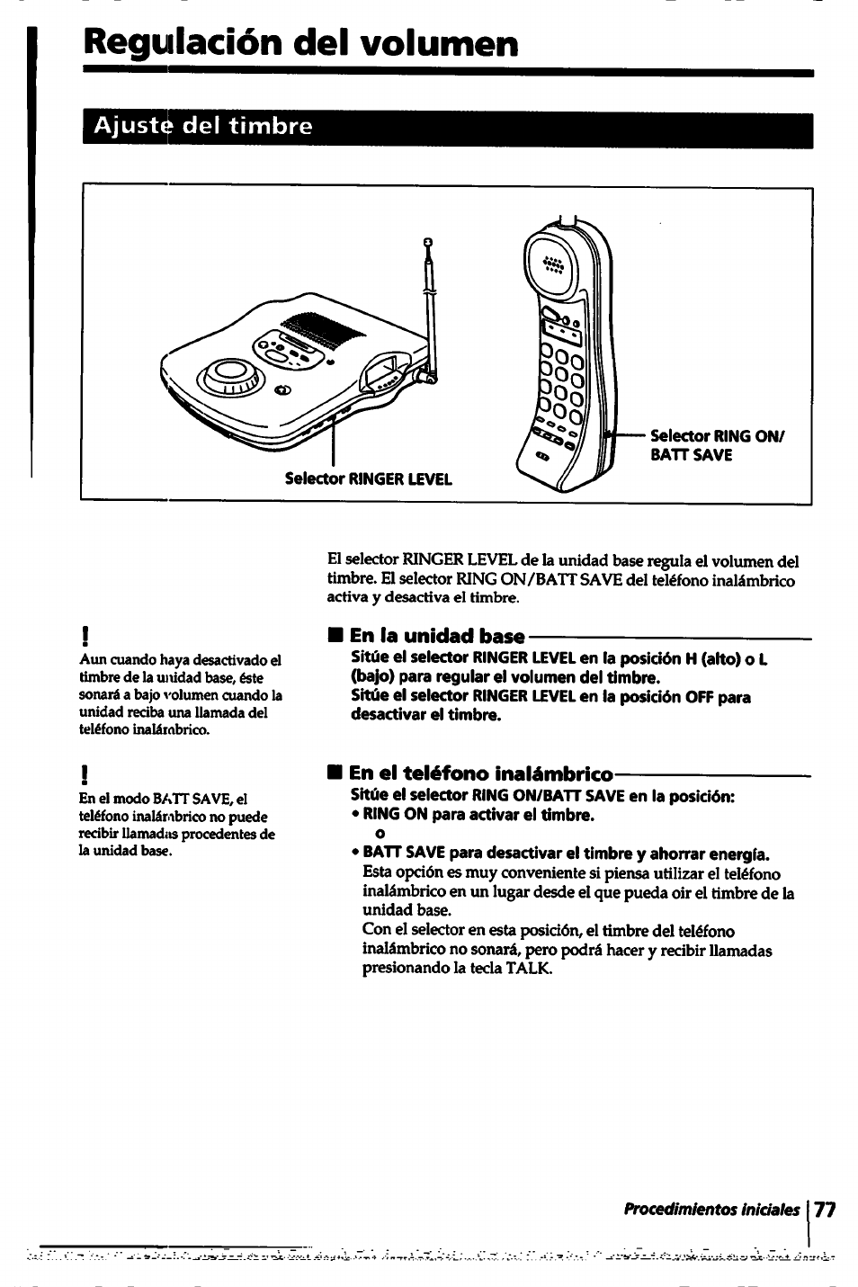 Del volumen, Ajuste del timbre | Sony SPP-A5000 User Manual | Page 77 / 108