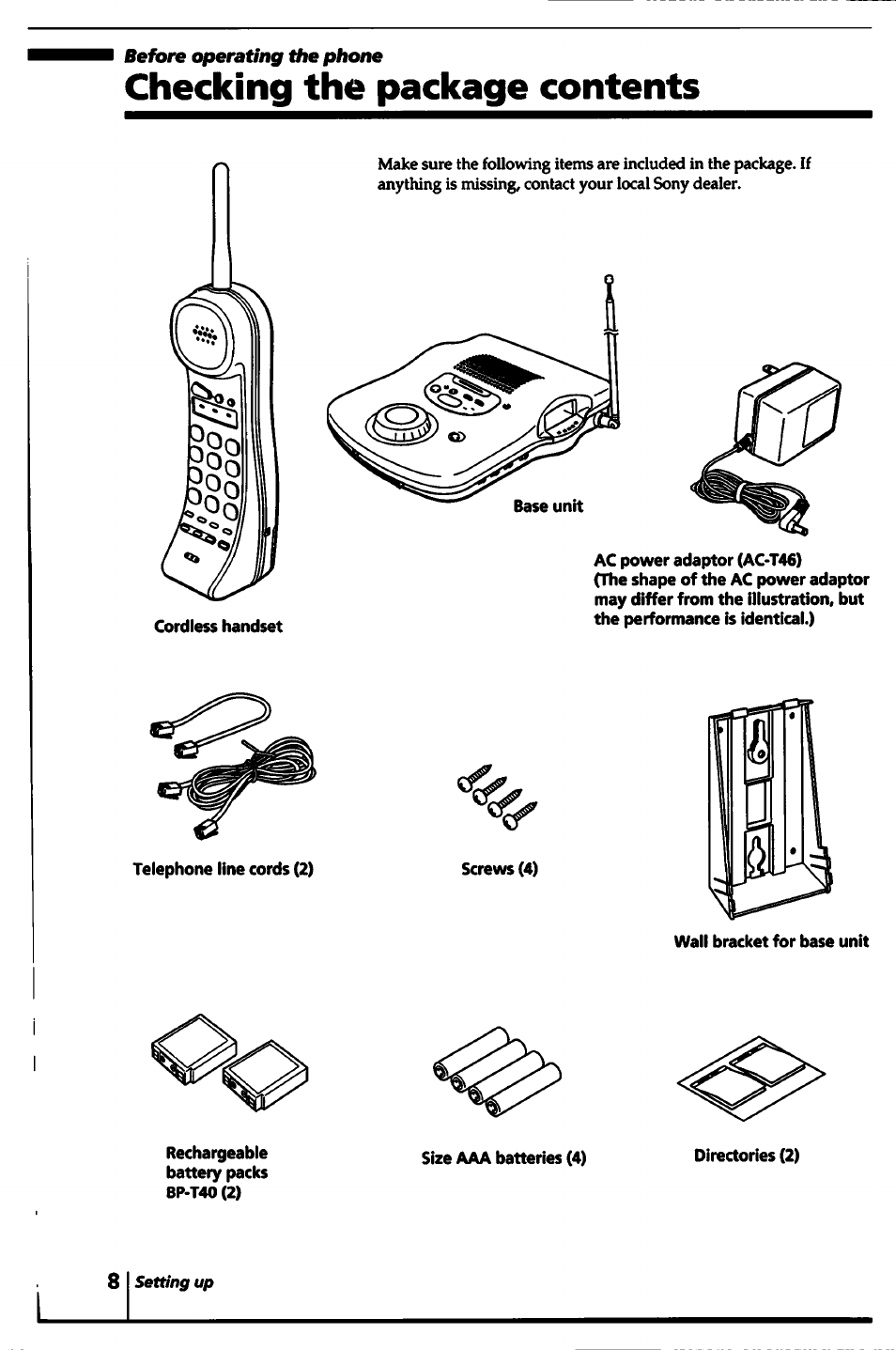 Checking the package contents | Sony SPP-A5000 User Manual | Page 8 / 108