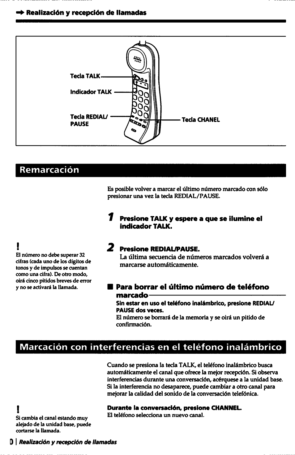 Remarcadón, Presione rediaupause, Para borrar ei último número de teléfono marcado | Durante la conversación, presione channel | Sony SPP-A5000 User Manual | Page 80 / 108