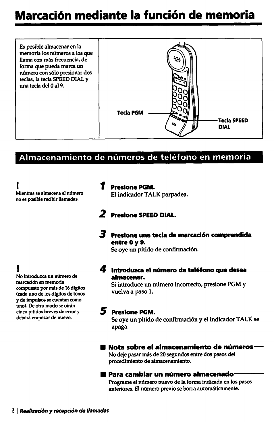 1 presione pgm, 2 presione speed dial, 5 presione pgm | Nota sobre el almacenamiento de números, Para cambiar un número almacenado | Sony SPP-A5000 User Manual | Page 82 / 108