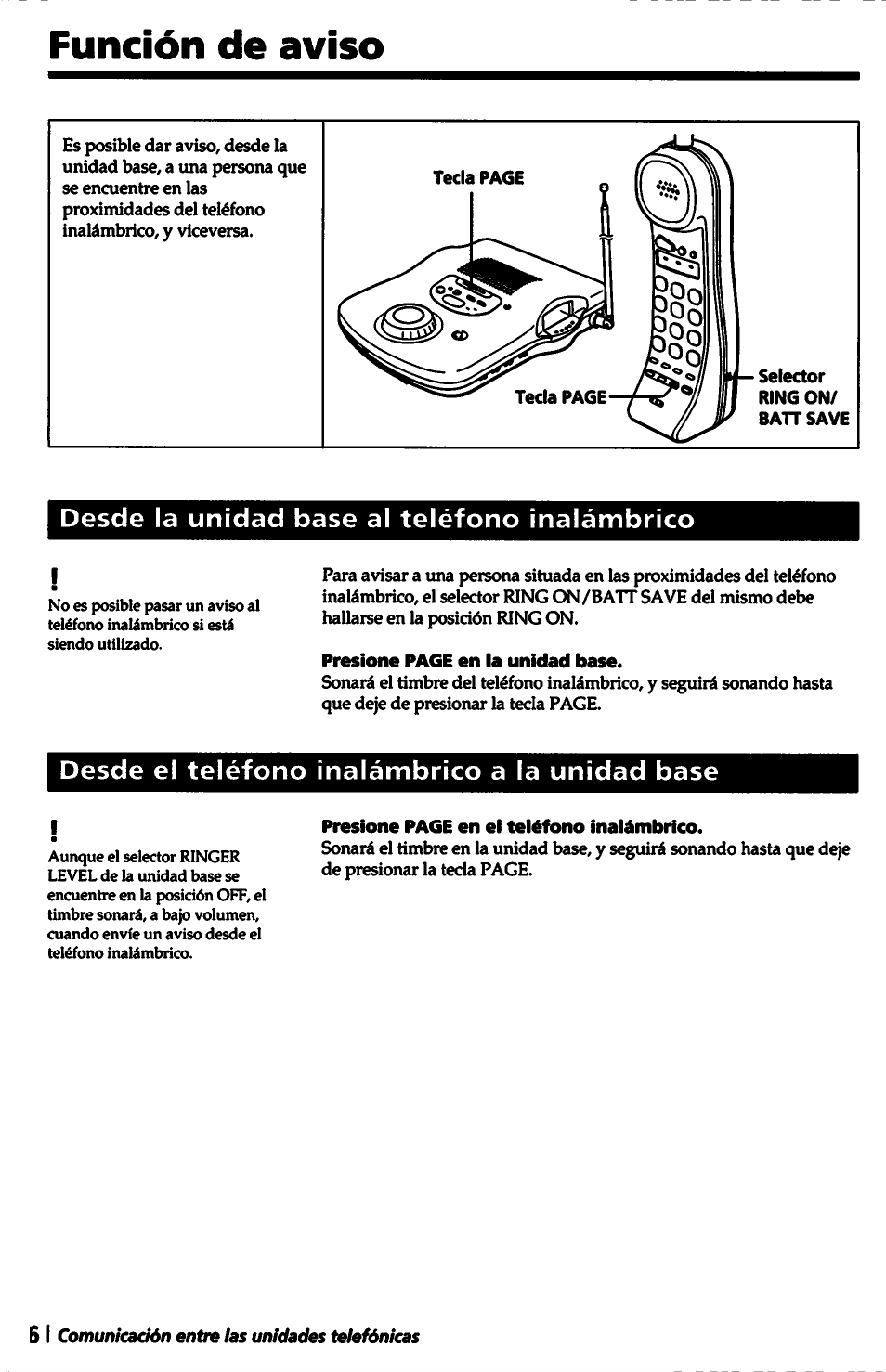 Función de aviso, Desde la unidad base al teléfono inalámbrico, Desde el teléfono inalámbrico a la unidad base | Sony SPP-A5000 User Manual | Page 86 / 108