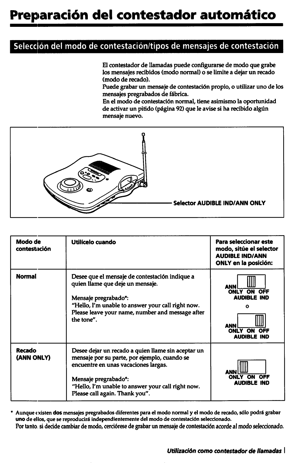 Modo de contest'ición, Utilícelo cuando, Normal | Recado (ann only), Preparación del contestador automático | Sony SPP-A5000 User Manual | Page 87 / 108
