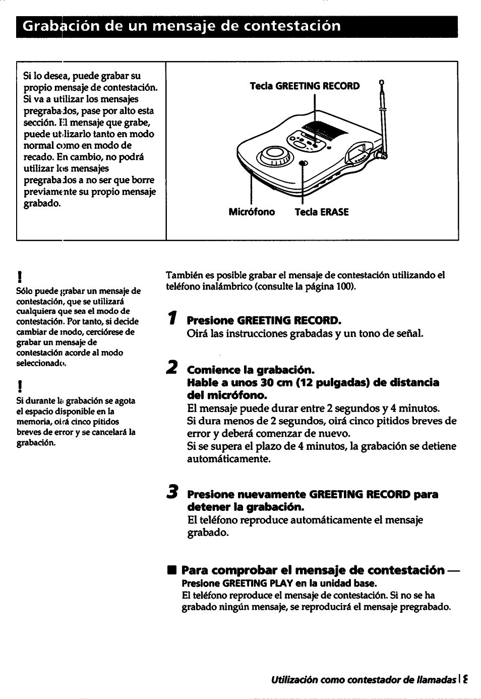 Grabación de un mensaje de contestación, F presione greeting record, Comience ia grabación | Para comprobar el mensaje de contestación | Sony SPP-A5000 User Manual | Page 89 / 108