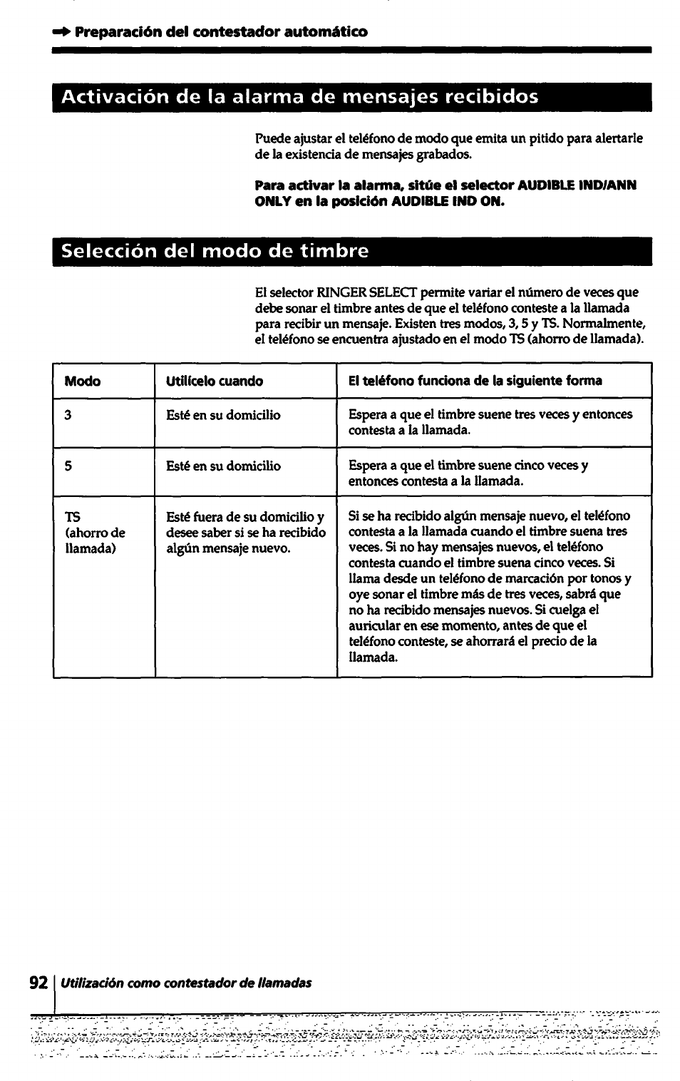 Activación de la alarma de mensajes recibidos, Selección del modo de timbre | Sony SPP-A5000 User Manual | Page 92 / 108