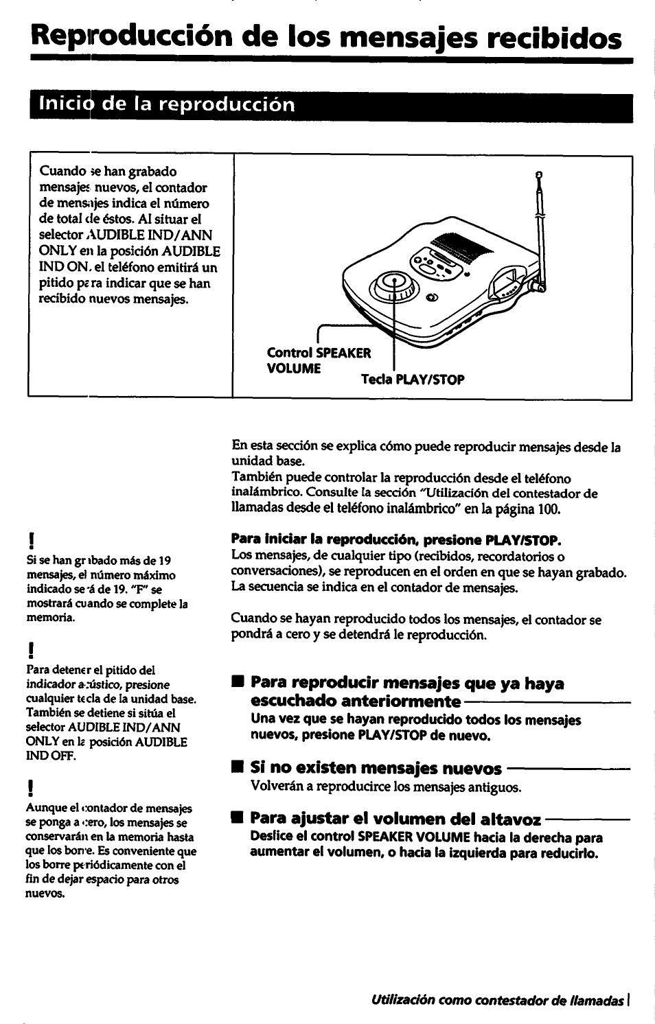 Inicio de la reproducción, Control speaker volume, Para iniciar la reproducción, presione play/stop | Reproducción de los mensajes | Sony SPP-A5000 User Manual | Page 93 / 108