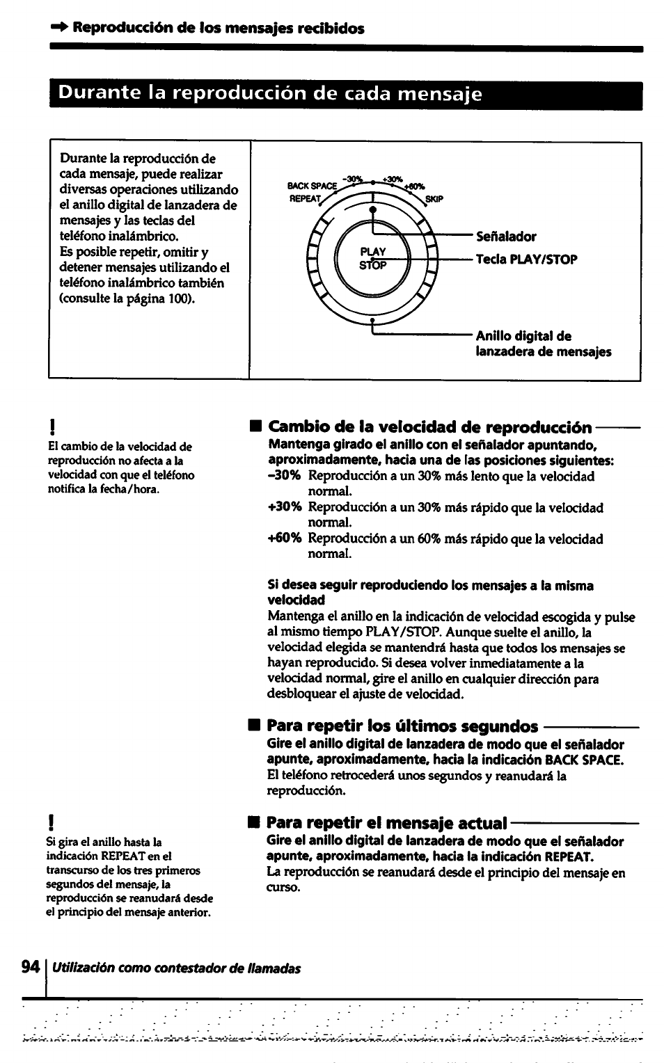 Reproducción de ios mensajes recibidos, Durante la reproducción de cada mensaje | Sony SPP-A5000 User Manual | Page 94 / 108