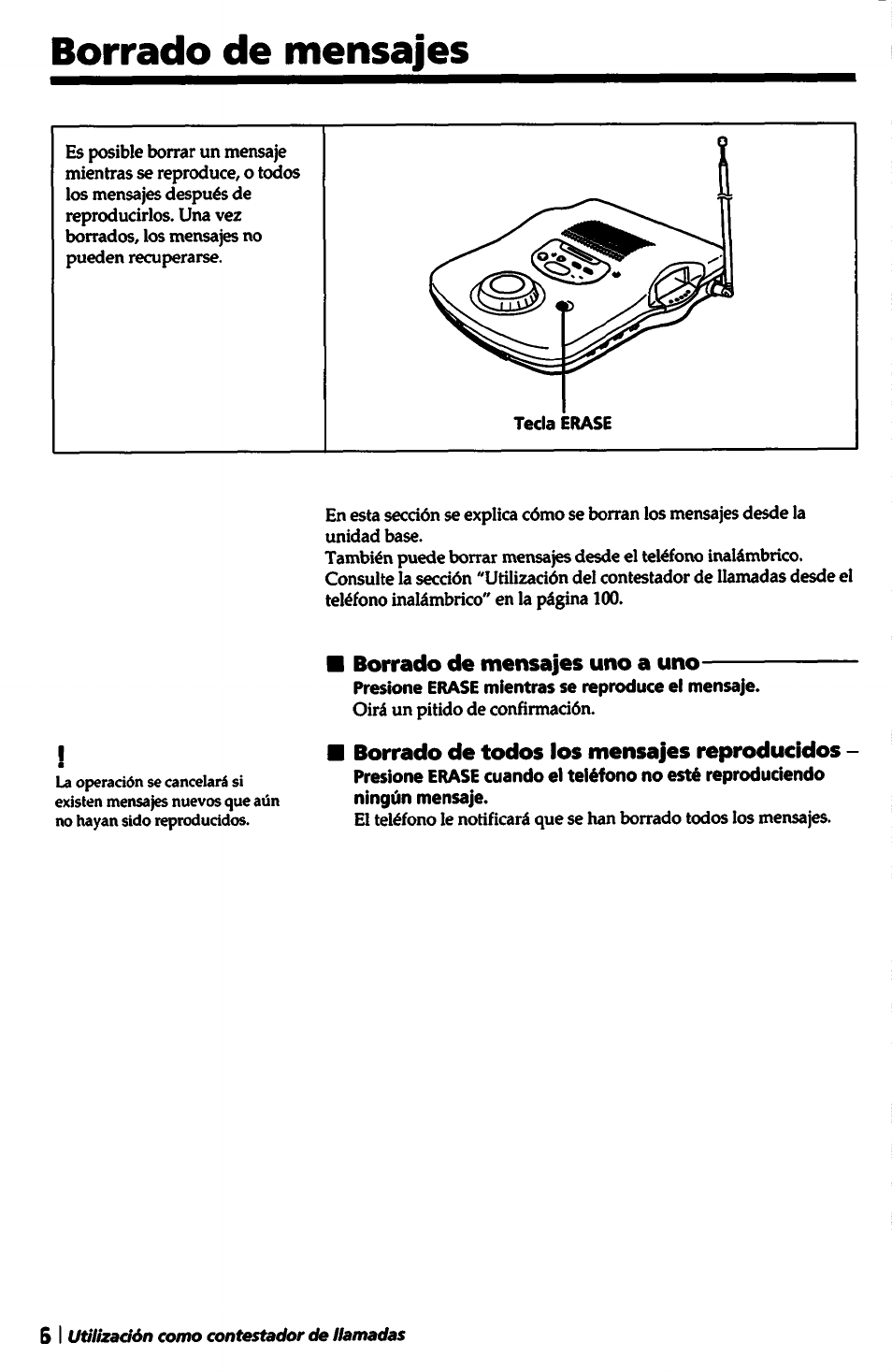 Borrado de mensajes uno a uno, Borrado de todos los mensajes reproducidos, Borrado de mensajes | Sony SPP-A5000 User Manual | Page 96 / 108