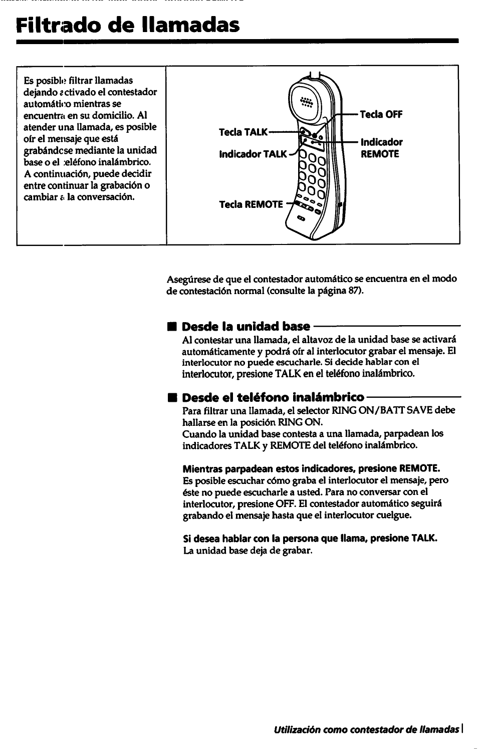 Desde la unidad base, Desde el teléfono inalámbrico, Filtrado de llamadas | Sony SPP-A5000 User Manual | Page 97 / 108