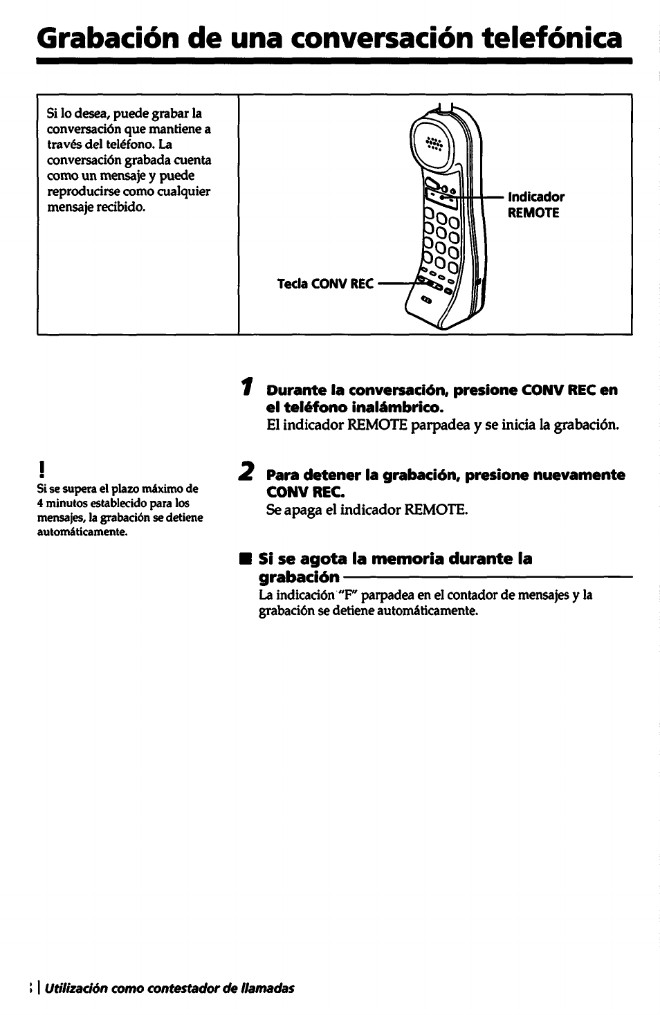 Si se agota la memoria durante la, Grabación, Grabación de una conversación telefónica | Sony SPP-A5000 User Manual | Page 98 / 108