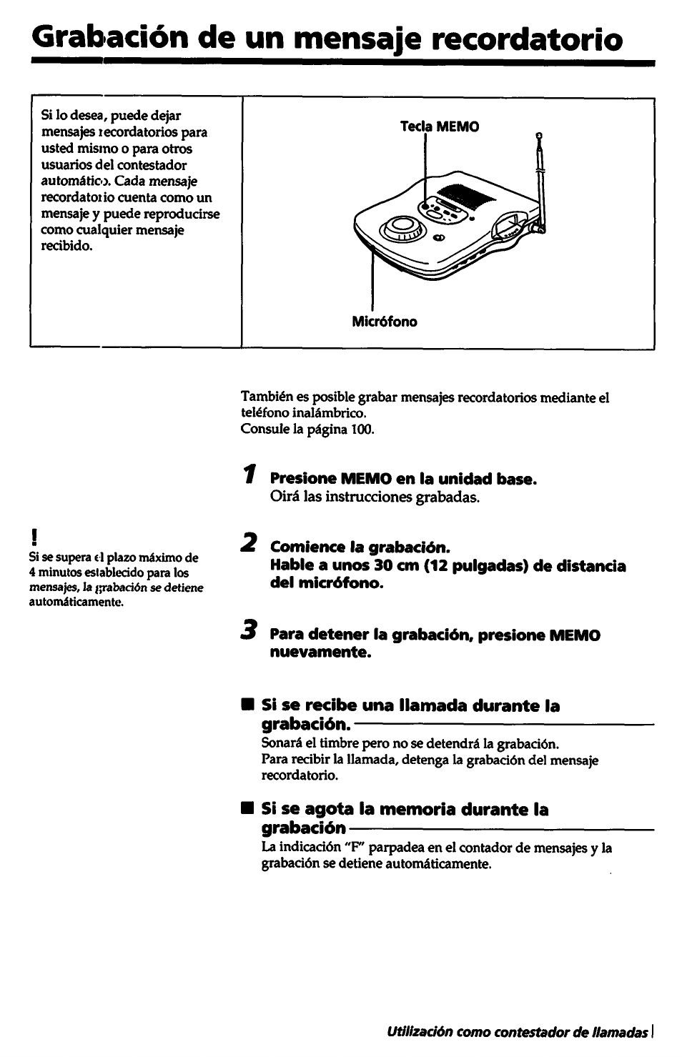 Micrófono, F presione memo en la unidad base, 2 comience la grabación | De un mensaje recordatorio | Sony SPP-A5000 User Manual | Page 99 / 108