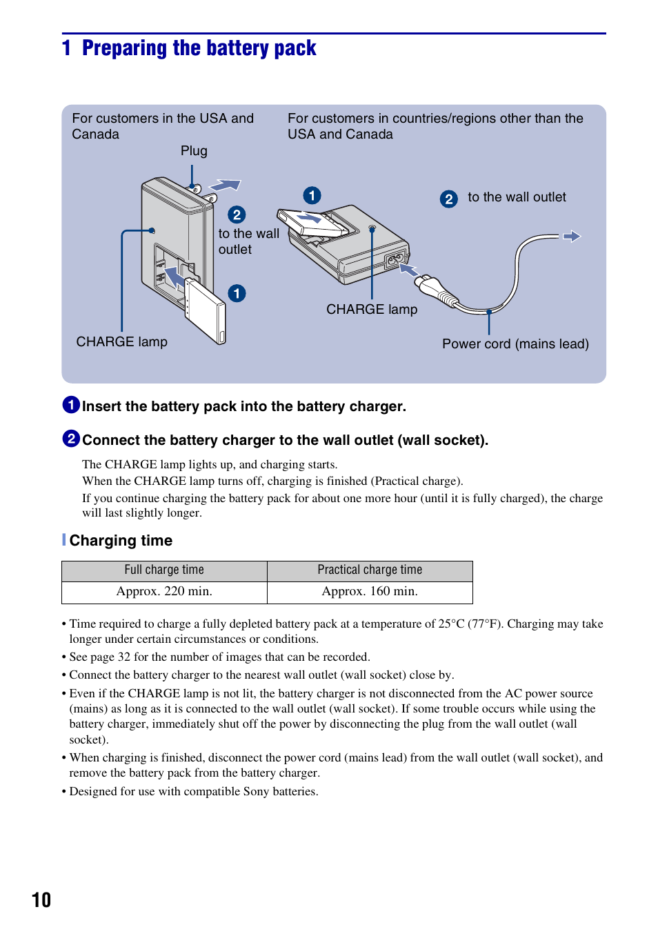 1 preparing the battery pack | Sony DSC-T200 User Manual | Page 10 / 40