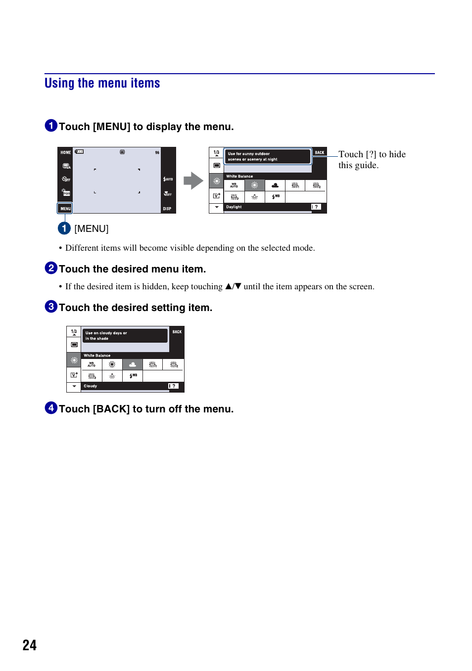 Using the menu items, Using the menu items 1 | Sony DSC-T200 User Manual | Page 24 / 40