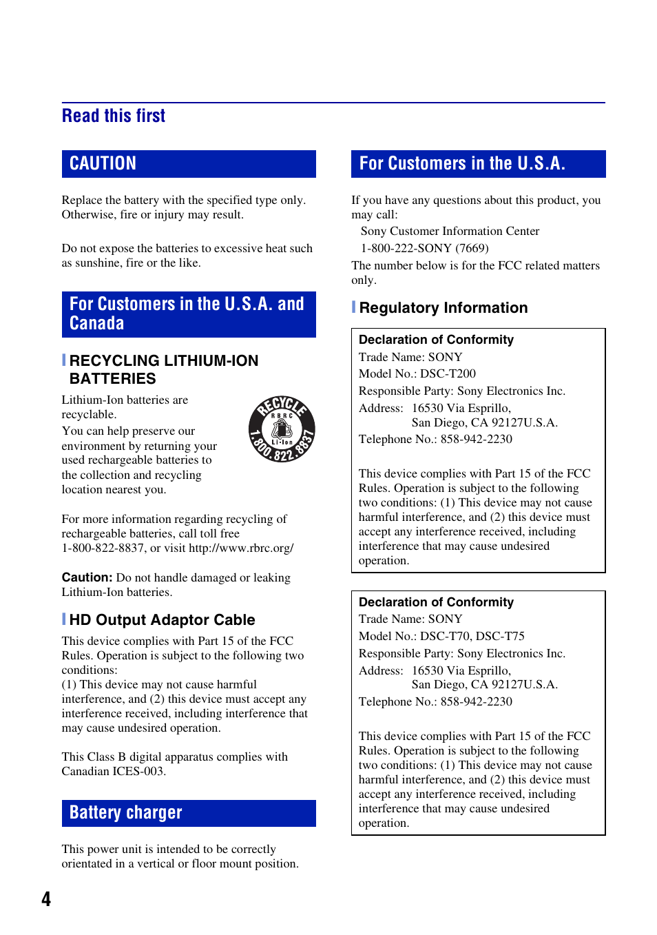Read this first | Sony DSC-T200 User Manual | Page 4 / 40