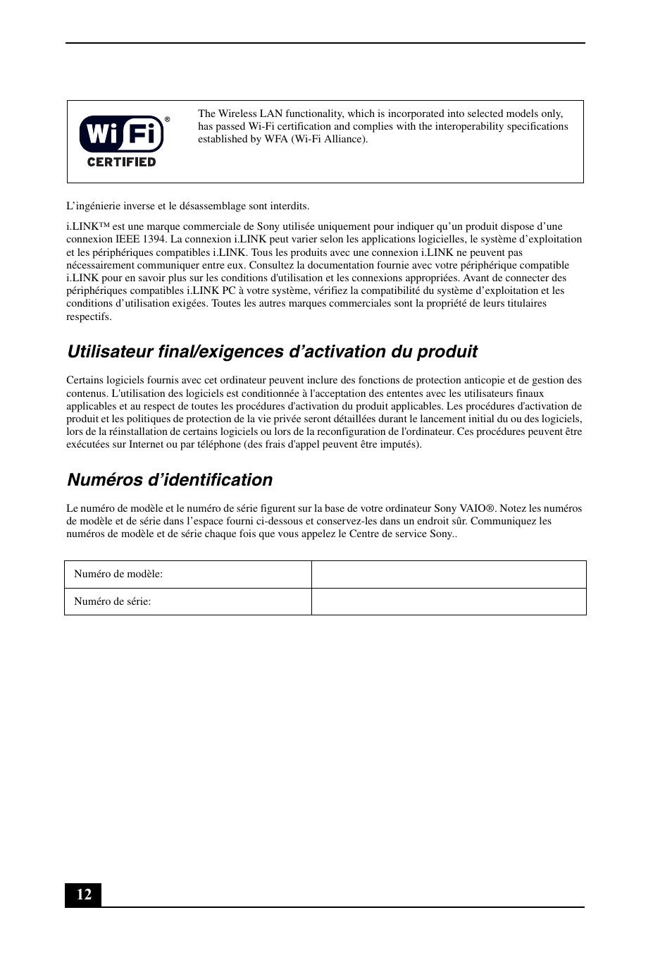 Numéros d’identification | Sony VGN-FJ150 User Manual | Page 12 / 24