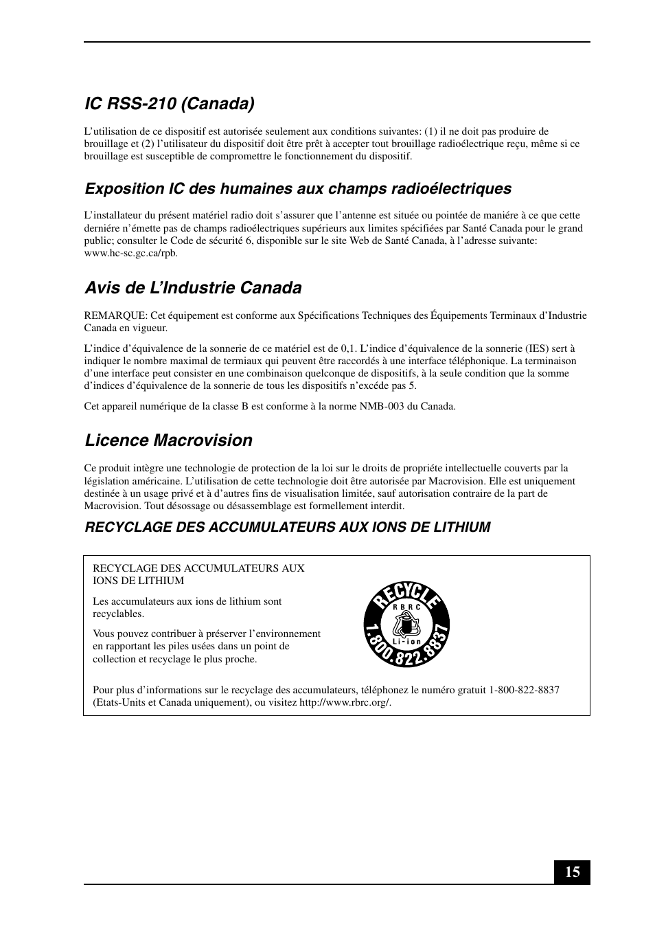 Ic rss-210 (canada), Avis de l’industrie canada, Licence macrovision | Sony VGN-FJ150 User Manual | Page 15 / 24