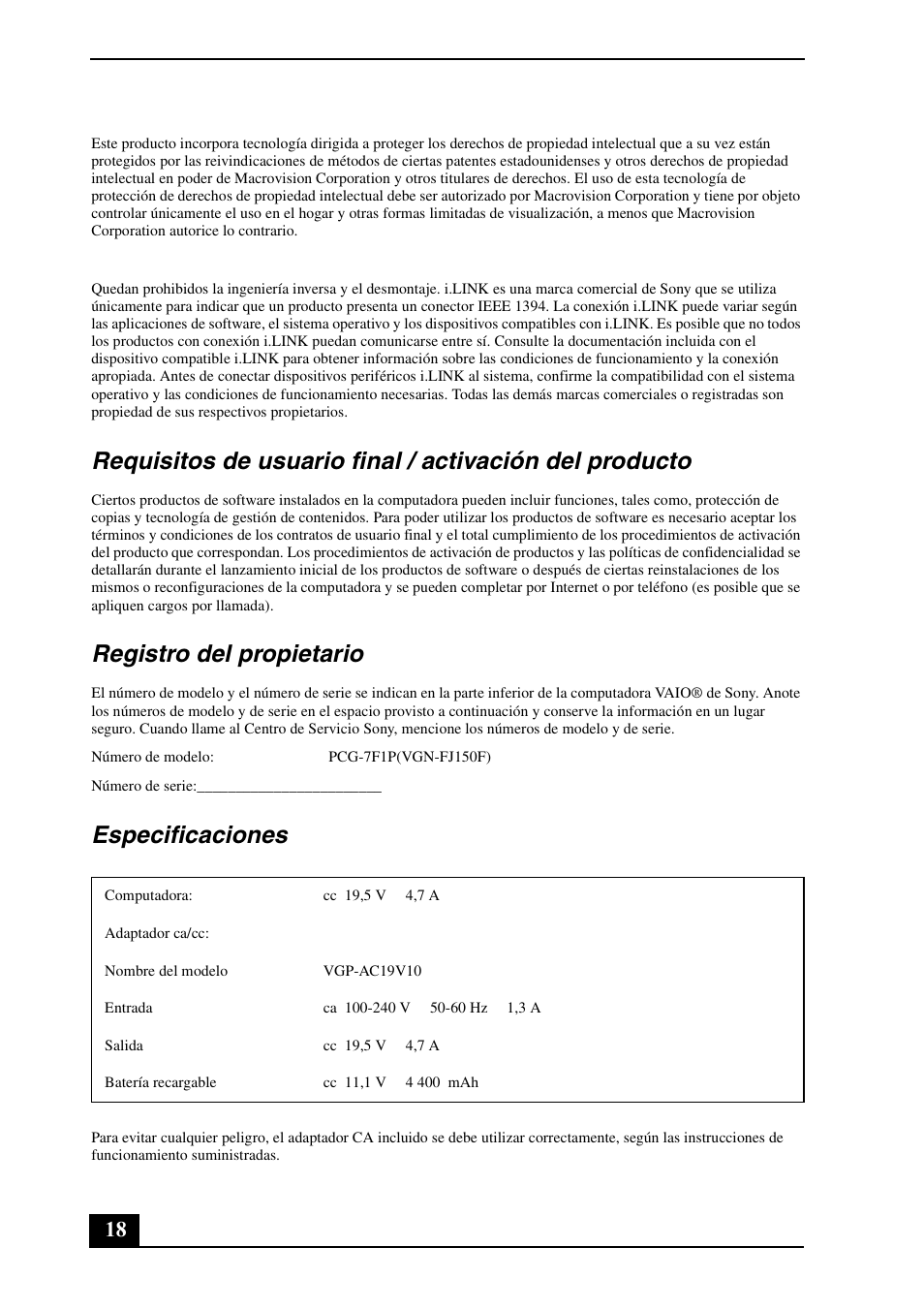 Registro del propietario, Especificaciones | Sony VGN-FJ150 User Manual | Page 18 / 24