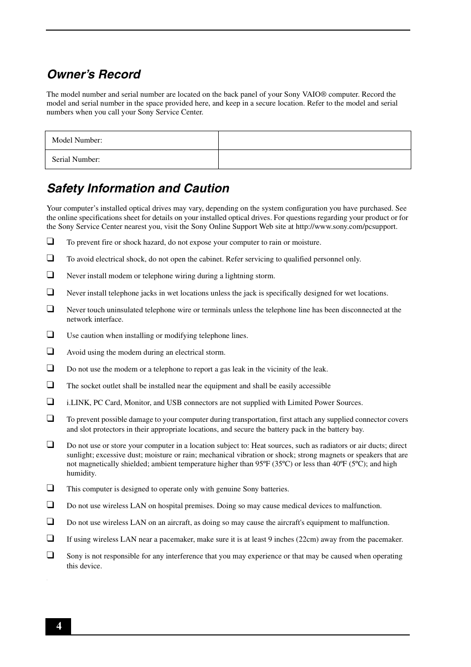 Owner’s record, Safety information and caution | Sony VGN-FJ150 User Manual | Page 4 / 24