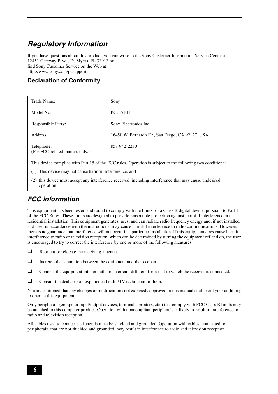 Regulatory information, Fcc information, Declaration of conformity | Sony VGN-FJ150 User Manual | Page 6 / 24