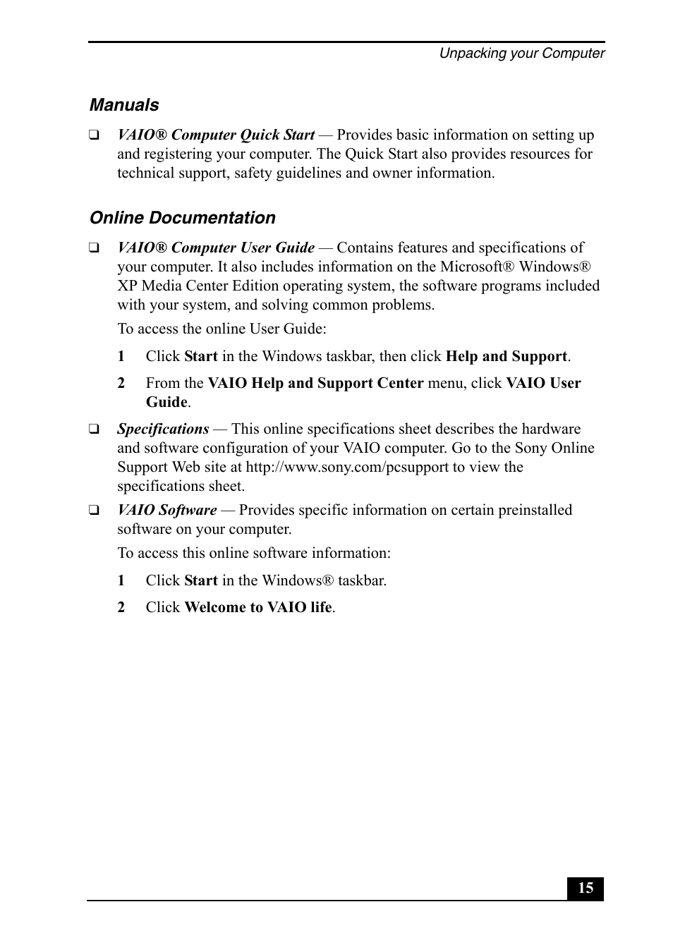 Sony VGC-RA710G User Manual | Page 15 / 80