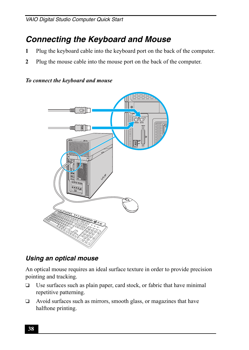 Connecting the keyboard and mouse | Sony VGC-RA710G User Manual | Page 38 / 80