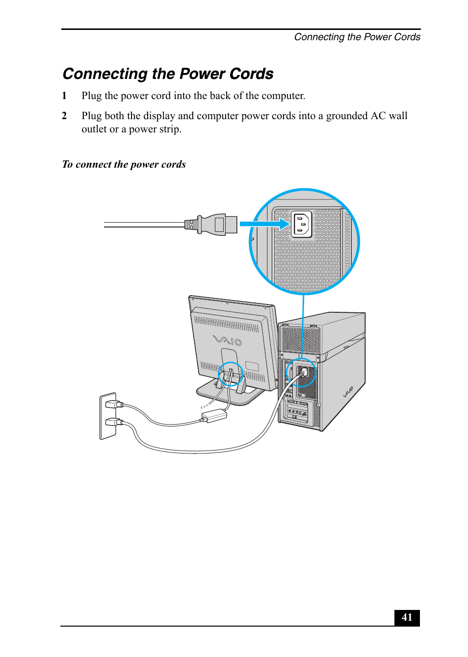 Connecting the power cords wer cords | Sony VGC-RA710G User Manual | Page 41 / 80