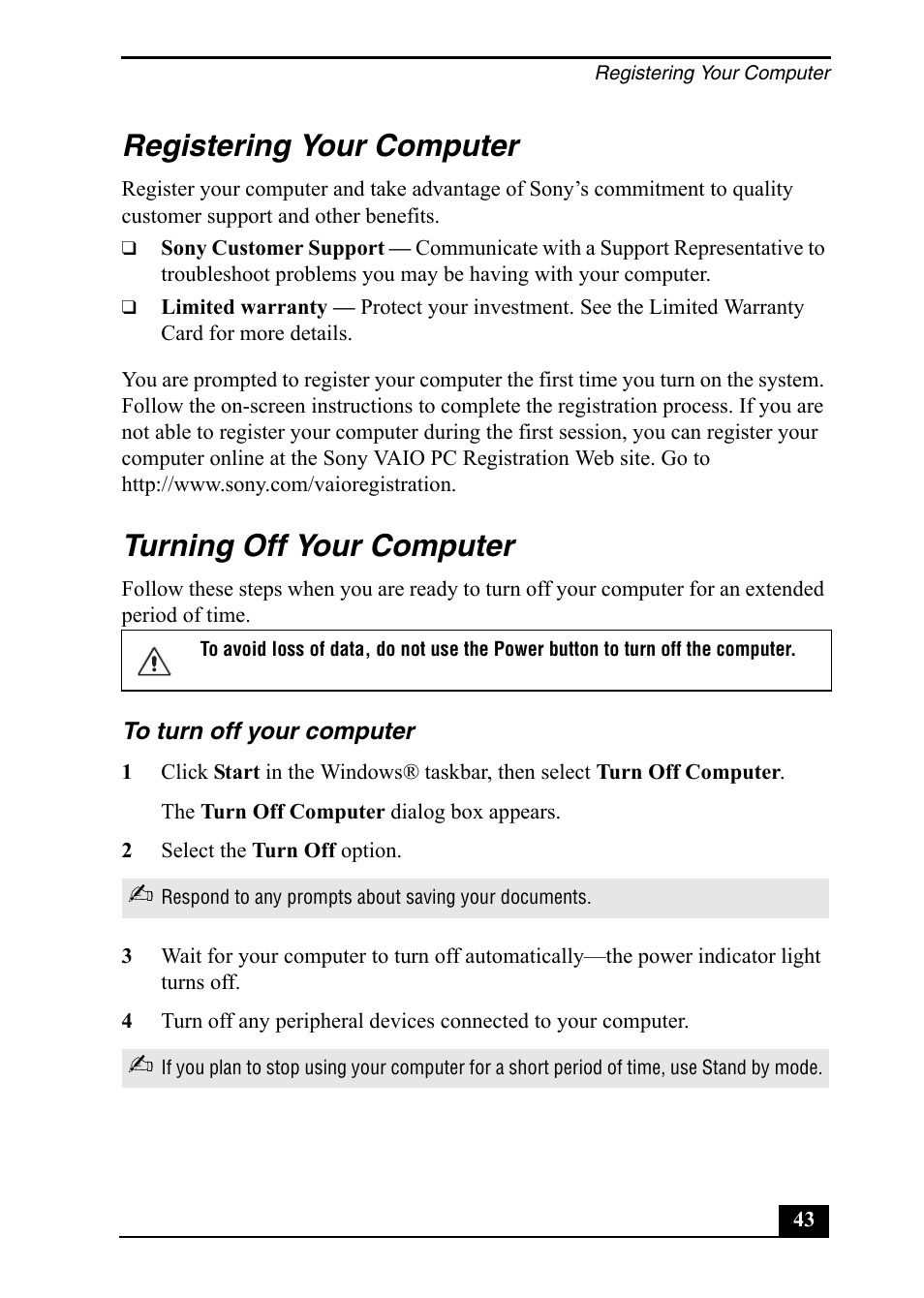 Registering your computer, Turning off your computer | Sony VGC-RA710G User Manual | Page 43 / 80