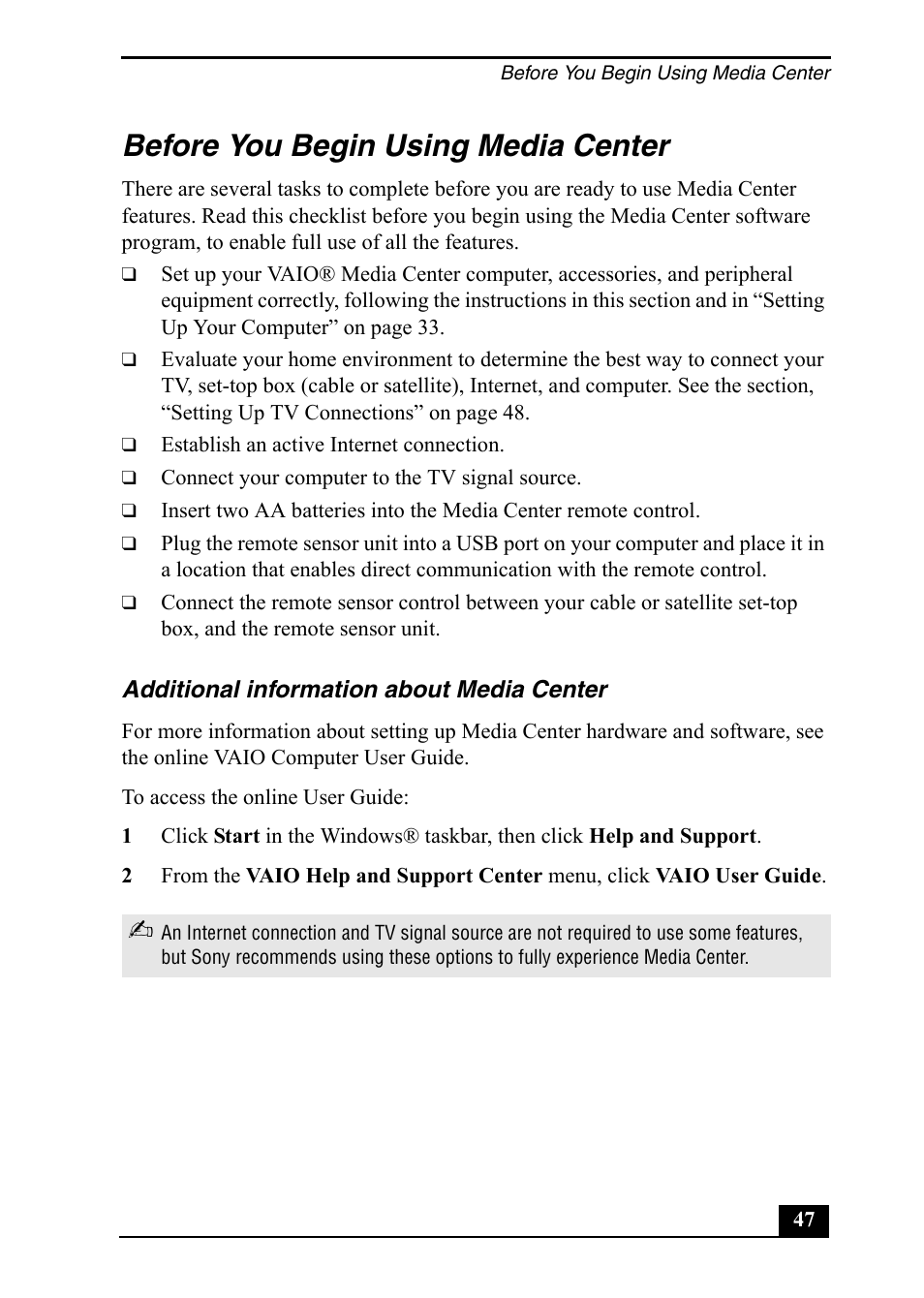 Before you begin using media center | Sony VGC-RA710G User Manual | Page 47 / 80