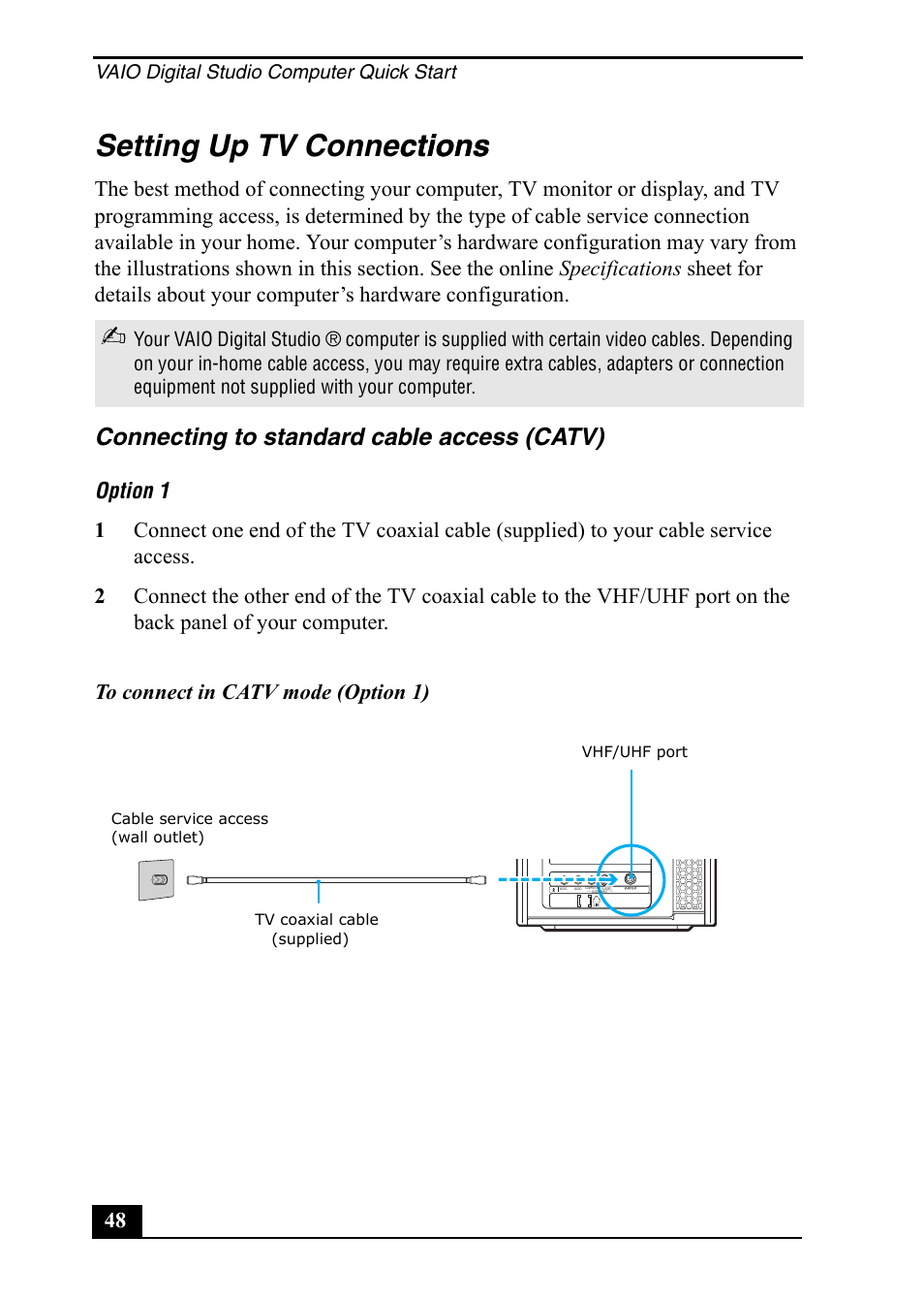 Setting up tv connections ctions, Connecting to standard cable access (catv) | Sony VGC-RA710G User Manual | Page 48 / 80