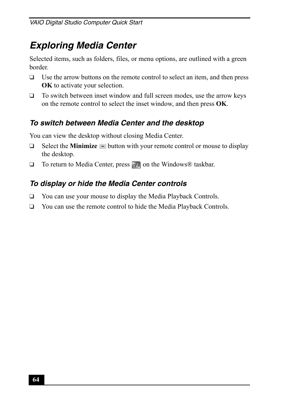 Exploring media center | Sony VGC-RA710G User Manual | Page 64 / 80