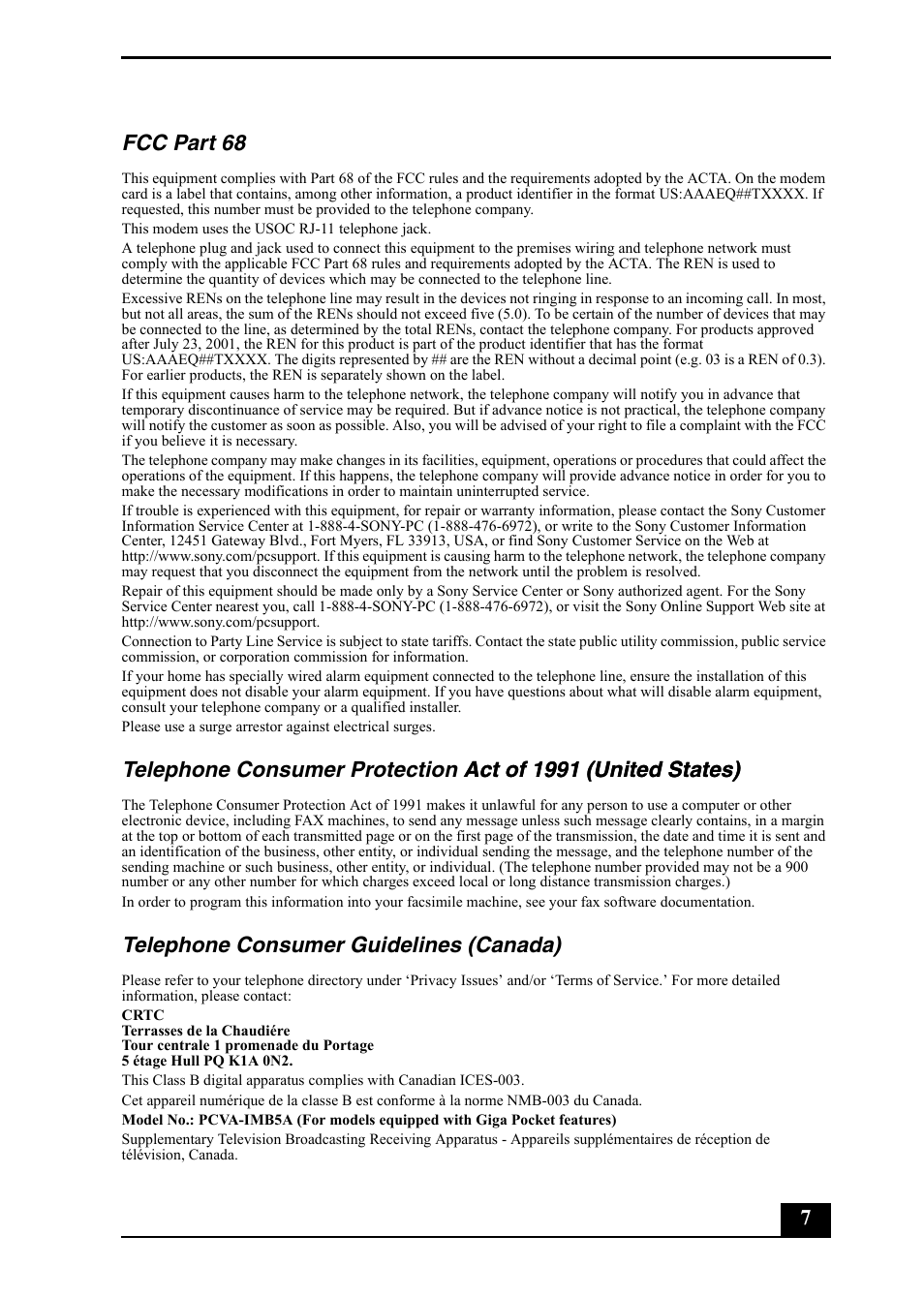 7fcc part 68, Telephone consumer guidelines (canada) | Sony VGC-RA710G User Manual | Page 7 / 80