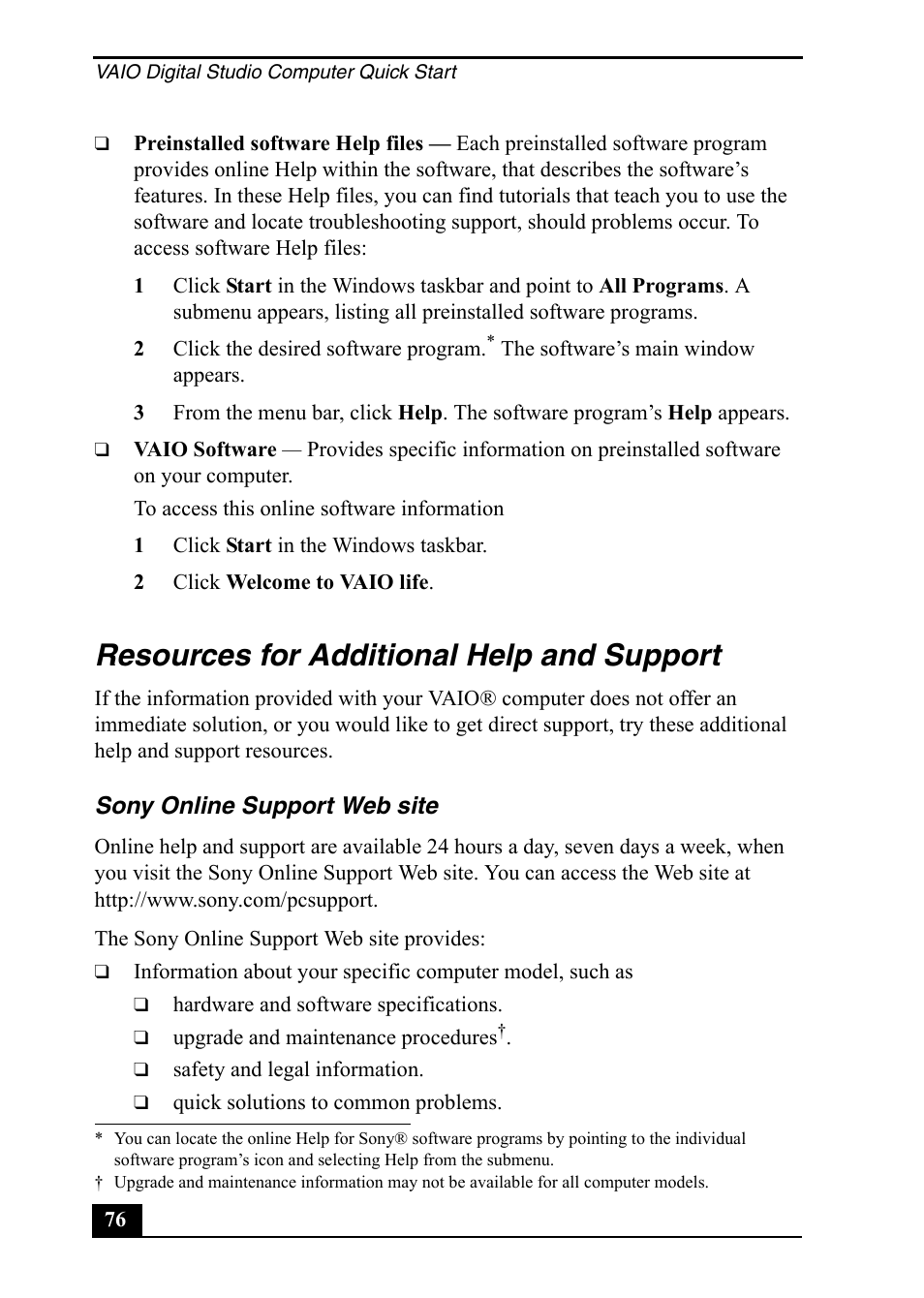 Resources for additional help and support | Sony VGC-RA710G User Manual | Page 76 / 80