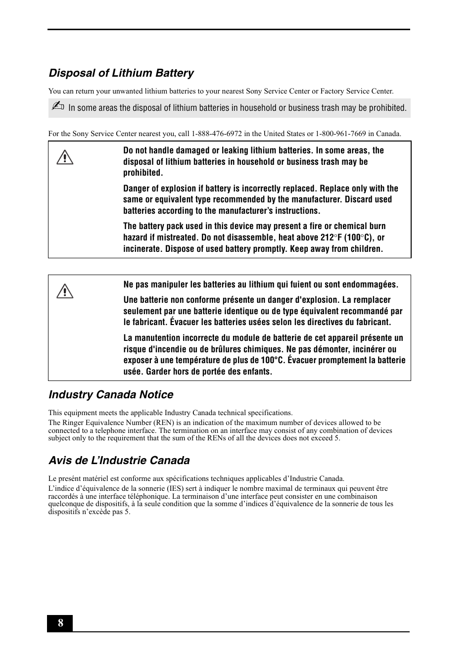 8disposal of lithium battery, Industry canada notice, Avis de l’industrie canada | Sony VGC-RA710G User Manual | Page 8 / 80