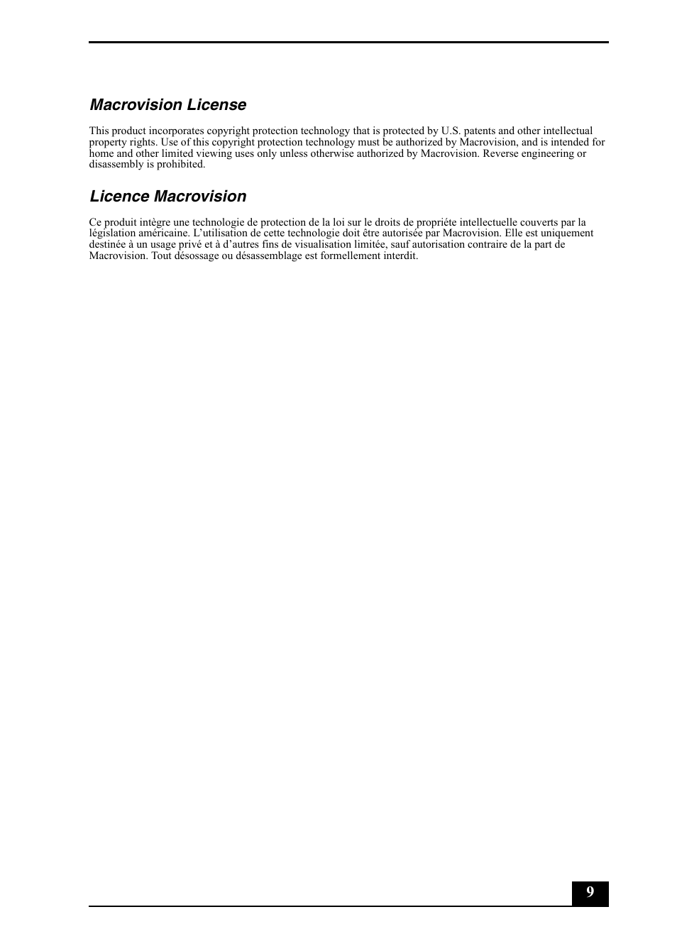 9macrovision license, Licence macrovision | Sony VGC-RA710G User Manual | Page 9 / 80