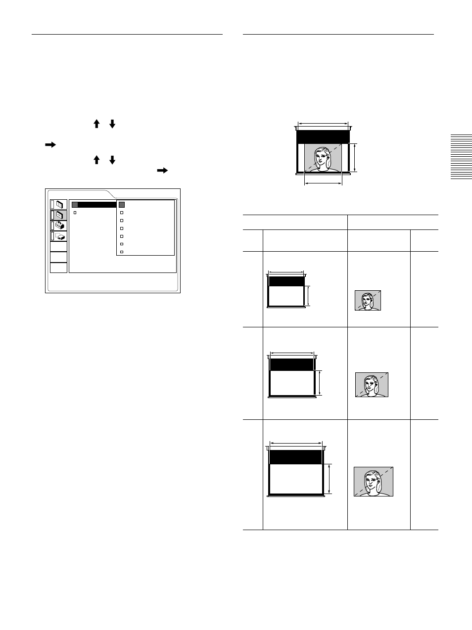 Cambio del aspecto, Tamaño de imagen para el tamaño de pantalla | Sony VPL-VW12HT User Manual | Page 117 / 148